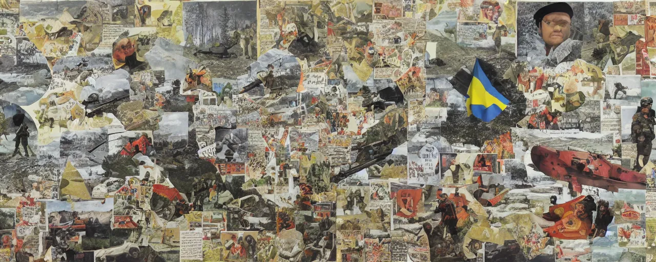 Prompt: paper collage of ukraine war