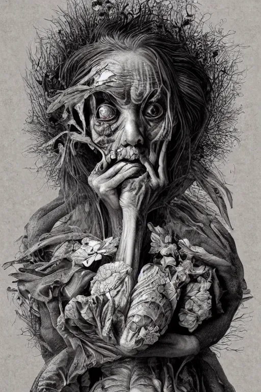 Prompt: Detailed maximalist portrait of a beautiful old woman with large lips and eyes, scared expression, botanical skeletal with extra flesh, HD mixed media, 3D collage, highly detailed and intricate, surreal illustration in the style of Caravaggio, dark art, baroque, centred in image