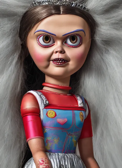 Prompt: closeup face profile portrait of a tin toy greta thunberg as the bride of chucky as a fairytale princess wearing a crown, bikini, depth of field, zeiss lens, detailed, fashion photoshoot, by nicoletta ceccoli, mark ryden, lostfish, breathtaking, 8 k resolution, extremely detailed, beautiful, establishing shot, artistic, hyperrealistic, octane render