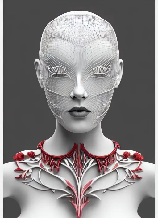 Image similar to complex 3d render ultra detailed of a beautiful porcelain profile young woman face, biomechanical cyborg, 200 mm lens, beautiful studio soft light, rim light, silver white gold red details, magnolia big leaves achromatic and stems, roots, fine foliage lace, mesh wire, Alexander Mcqueen high fashion haute couture, art nouveau fashion embroidered, intricate details, hyper realistic, ultra detailed, mandelbrot fractal, anatomical, facial muscles, cable wires, microchip, elegant, octane render, H.R. Giger style, 8k post-production, trending on Artstation