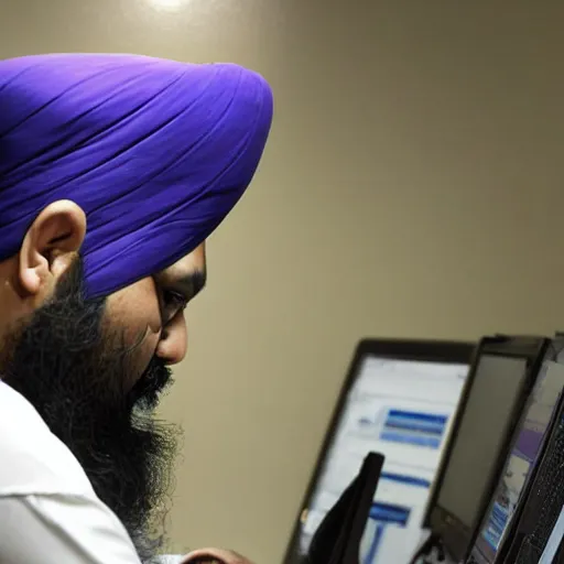 Image similar to fat Inderjit Gill sitting at a computer looking lost, photograph, high quality