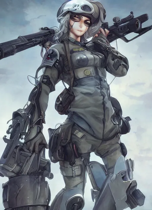 Image similar to of a beautiful sniper girl in war, with futuristic gear and helmet, portrait by nina masic and ross tran and miho hirano, detailed, epic video game art, warm color tone