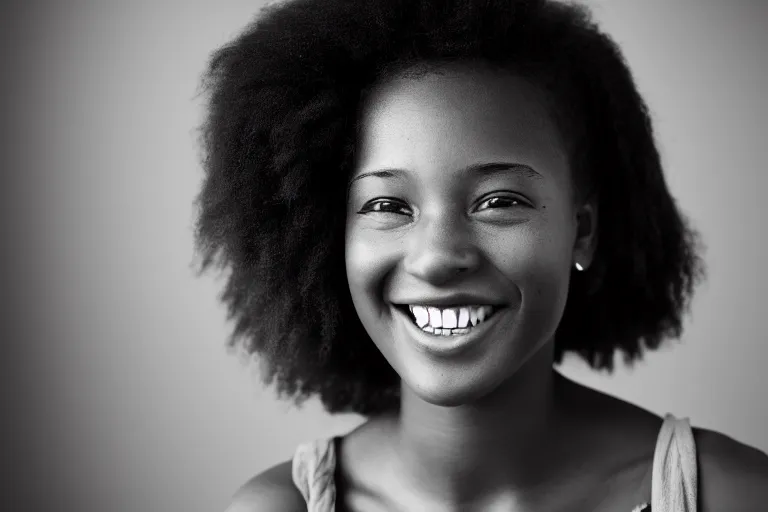 Image similar to still photo of an african american girl smiling at the camera on the street, black and white color aesthetic, highly detailed, photorealistic portrait, bright studio setting, studio lighting, crisp quality and light reflections, unreal engine 5 quality render