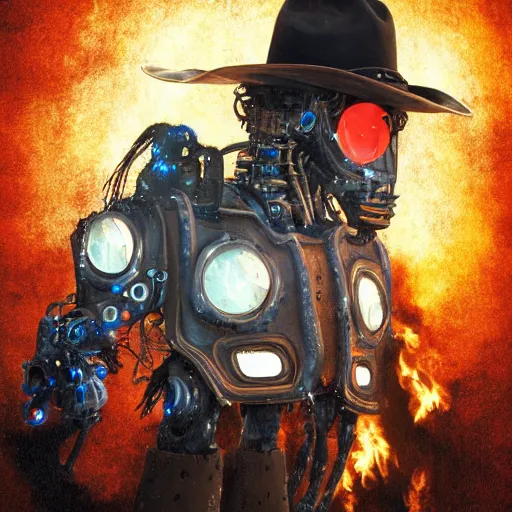 Image similar to robotic cyborg horse with cowboy hat and fiery mane, post-apocalyptic burning background, portrait