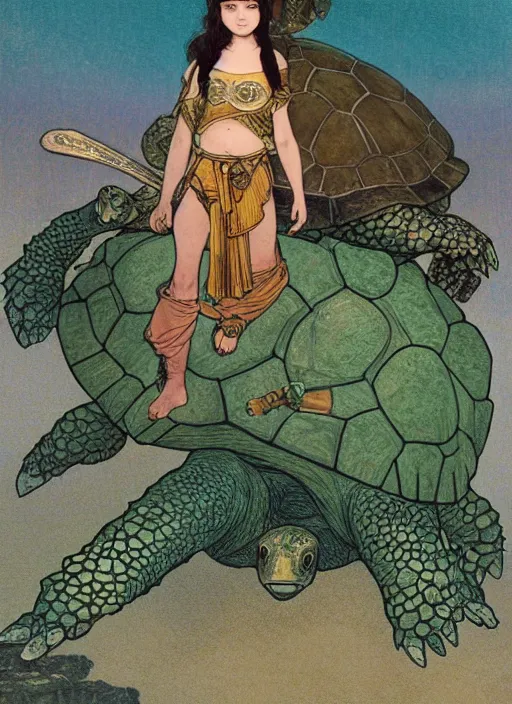 Image similar to a little warrior girl standing on top of a giant turtle in the desert. the girl has dark skin and beautiful green eyes, realistic body and a very beautiful detailed symmetrical face with long black hair. the turtle has a big wise face and closed eyes. diffuse light, dramatic landscape, fantasy illustration by mucha