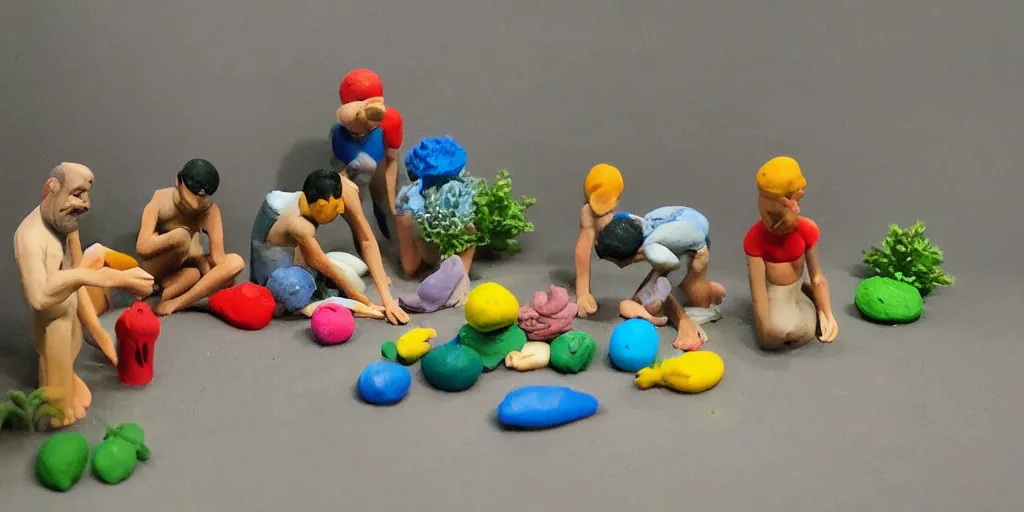 Prompt: plasticine model of stop motion figures clay. minimal. tilt shift. fish tank in waiting room. photorealistic. gallery with paintings of flowers