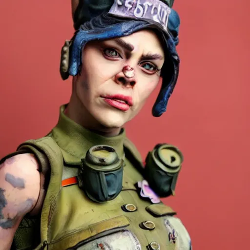 Prompt: ultra realistic painted sculpture of tank girl. waxwork. cinematic makeup. detailed lifelike