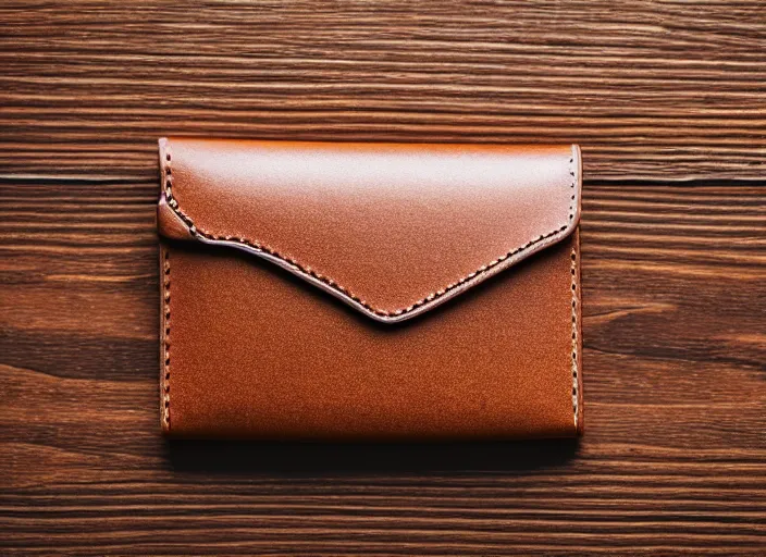 Image similar to clear highly detailed photorealistic topdown mockup product photograph of a realistic purse on a wooden background