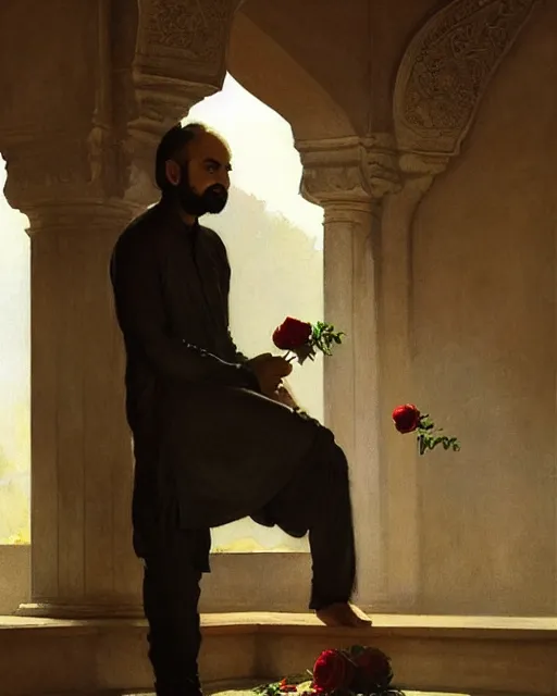 Image similar to a guy in a kurta waiting for his love to come, holding roses, art by greg rutkowski, gustave courbet, rosa bonheur, edward hopper. faithfully depicted facial expression, perfect anatomy, sharp focus, global illumination, radiant light, detailed and intricate environment, trending on artstation