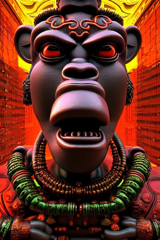 Image similar to high quality 3 d render post - rococo cyberpunk hanuman! head building, neon madhubani, open mouth, highly detailed, in sci - fi mumbai, cinematic smooth unreal engine, lee madgwick & liam wong, dramatic light, low angle, uhd 8 k, sharp focus