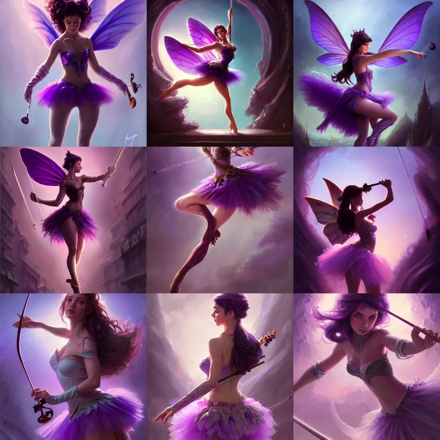 Prompt: fantasy, standing on top of a violin, d & d, wearing purple romantic tutu, art by artgerm and greg rutkowski and magali villeneuve, illustration, brunette fairy woman stretching, highly detailed, trending on artstation, sharp focus, concept art, digital painting, intricate details