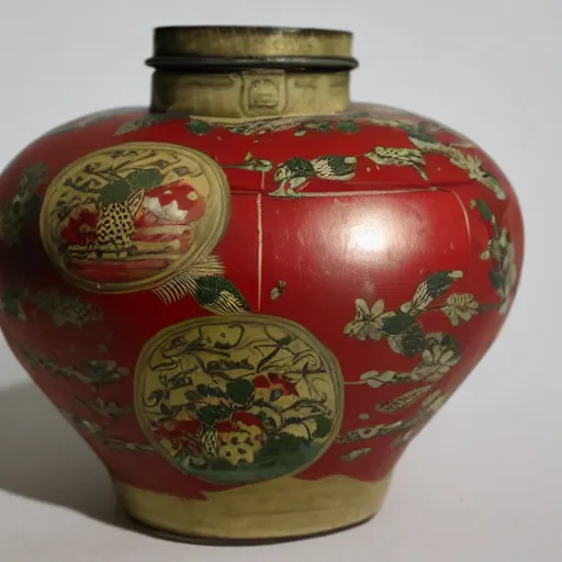 Prompt: old satsuma jar, handsomely decorated in relief with red and gold