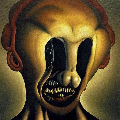 Image similar to Oil painting with black background by Christian Rex Van Minnen Robert Williams Salvador Dali of a portrait of an extremely bizarre disturbing mutated man with intense chiaroscuro lighting perfect composition