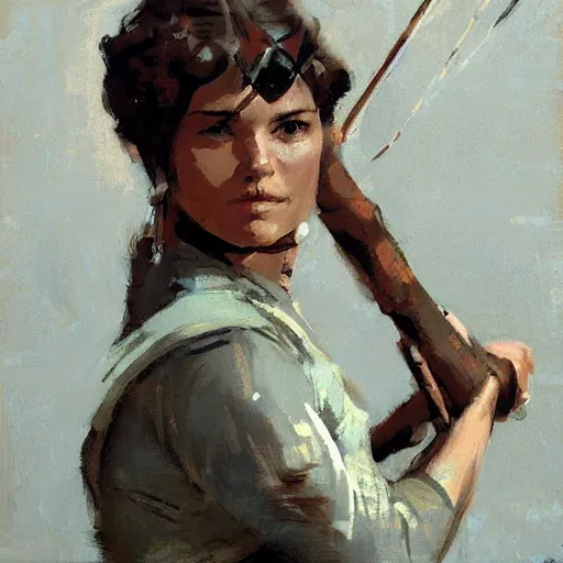 Prompt: portrait of woman wearing medieval holding a bow and arrow, detailed by greg manchess, craig mullins, bernie fuchs, walter everett