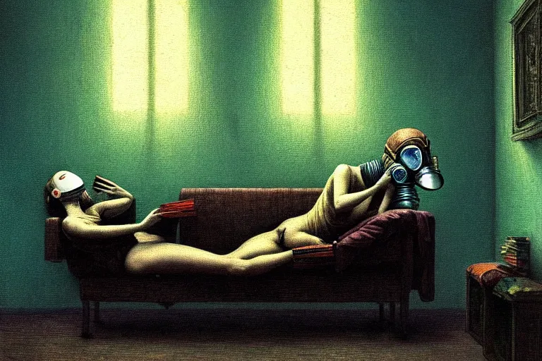 Image similar to anatomically correct girl with wearing a gas mask lying on the sofa reading a book in her room, in the style of beksinski, solarpunk, exact anatomy, atmospheric, clean, intricate and epic composition, green by caravaggio, insanely quality, highly detailed, masterpiece, blue light, artstation, 4 k