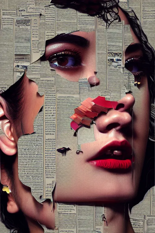 Image similar to 3 d, close - up, smiling fashion model, newspaper, tears, poster art, intricate oil painting, high detail, figurative art, multiple exposure, poster art, 3 d, by stanley kubrick and tooth wu and wlop and beeple