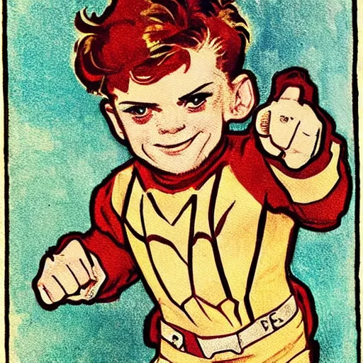 Prompt: a little boy with a mischievous face and short ginger hair. he is dressed as captain america, spider - man, batman, captain marvel, a superhero. well composed, clean elegant painting, beautiful detailed face. painting by steve ditko and jack kirby and alphonse mucha