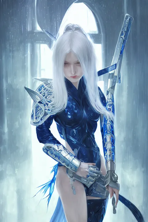 Image similar to portrait white hair Ninja gaiden girl, armored white and blue ninja wardrobe, in ruin japanese rainny temple night, ssci-fi and fantasy, intricate and very very beautiful and elegant, highly detailed, digital painting, artstation, concept art, smooth and sharp focus, illustration, art by tian zi and WLOP and alphonse mucha