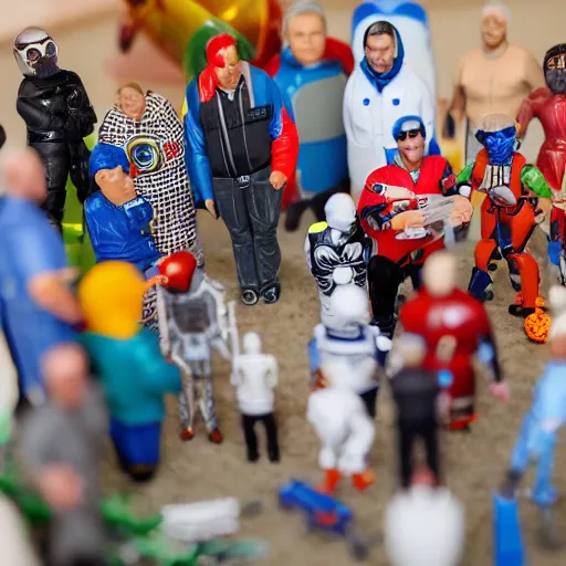 Prompt: scientists gathered around a rocket, as action figures, as toys, 8k photo, high detail, high quality photo