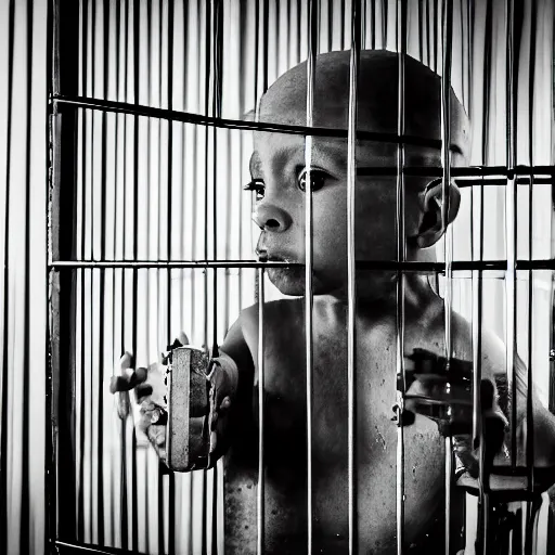 Image similar to bald white man wearing a monkey suit inside a cage. 5 0 mm f 5. 7