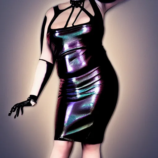 Image similar to curvy feminine hot goth cutie with elegant iridescent dark snakeskin leather dress, mosaic pattern, leather stockings, cgsociety, photorealistic, sublime ambience, idealistic, 16k, smooth, sharp focus, trending on ArtStation, volumetric lighting, fully clothed, worksafe
