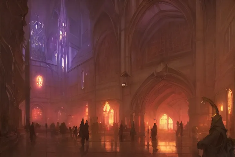 Prompt: Hogwarts, neon lighting, night city, digital art from artstation by Ruan Jia and Mandy Jurgens and Artgerm and william-adolphe bouguereau and Greg Rutkowski and Wayne Barlowe