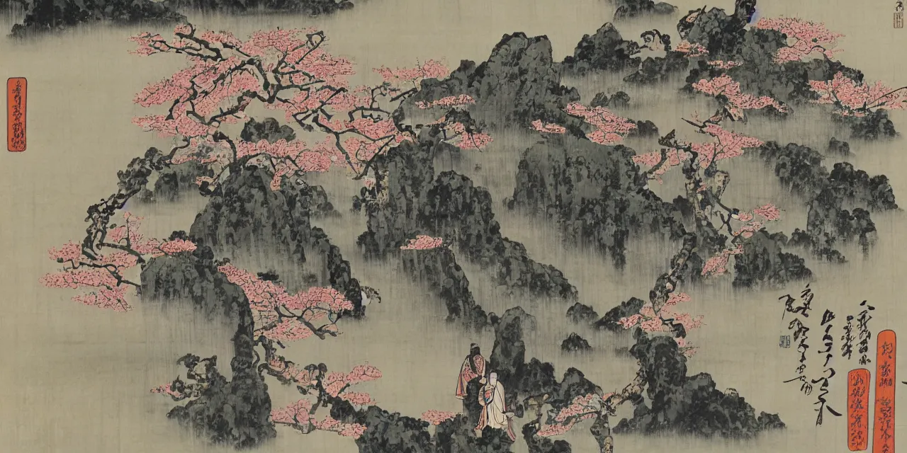 Image similar to sakuras, taoist monks and temples in huangshan, artwork by katsushika hokusai and utagawa hiroshige on old parchment