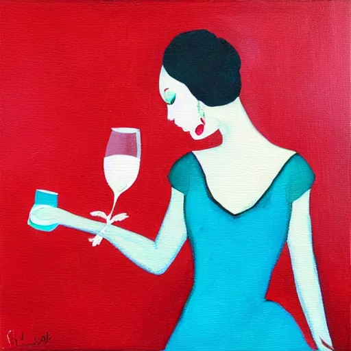 Image similar to square painting of a ballerina drinking wine in a teal room all on a red background