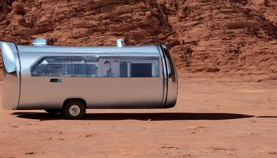 Prompt: professional photograph of a beautiful futuristic chrome Winnebago designed by Buckminster Fuller in a picturesque alien desert. The Winnebago is floating, and has no wheels. Astronauts are standing nearby, racking focus, extreme panoramic, Dynamic Range, HDR, chromatic aberration, Orton effect intricate, elegant, highly detailed, artstation,