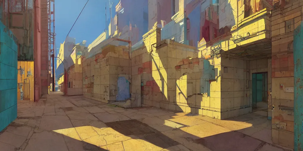 Image similar to neo brutralism, concrete housing, an archway, pathways, concept art, colorful, vivid colors, sunshine, light, shadows, reflections, oilpainting, cinematic, 3D, in the style of Akihiko Yoshida and Edward Hopper