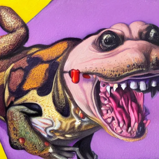 Image similar to Portrait of a psychotic crossbreed between a rabid dog and a toad, in a purple suit, oil painting