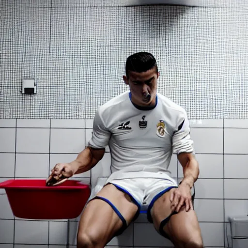 Prompt: cristiano ronaldo eating doritos in the toilet, cinematic composition, 4 k, movie still