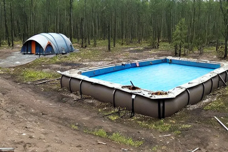 Image similar to post apocalyptic empty over grown swimming pool being used as shelter, barrel fires and tents