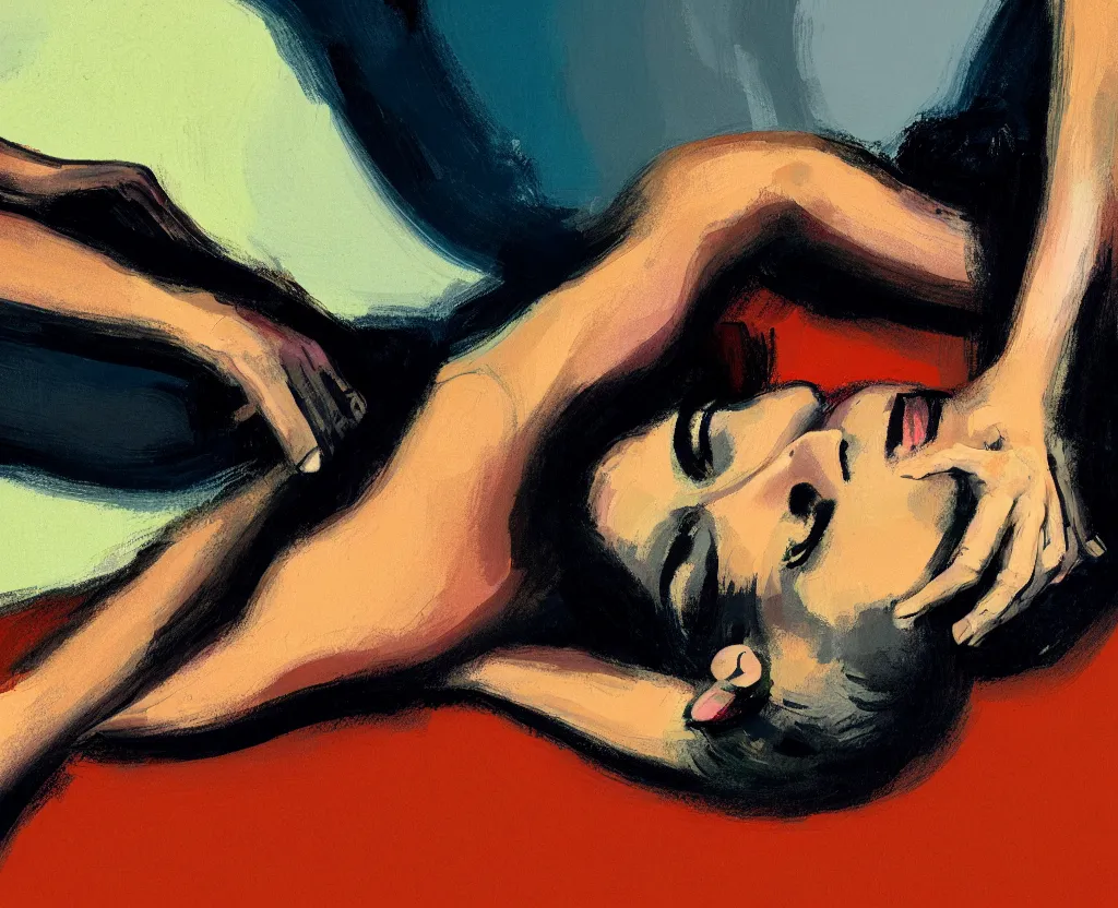 Prompt: a closeup view of painting of a woman laying on top of a table in a dark ambient, a light breeze is pushing away the curtains of a small window, a gouache by nathan oliveira and elaine de kooning, cgsociety, figurativism, dark surreal art, painterly, paint strokes, smudged paint, palette knife texture, digital illustration, artstation