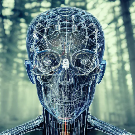 Image similar to very detailed portrait 55mm photo of a mechanical head without skin, with crystal bones and optic fiber nerves, gears in his head and cybernetic enhancements in it's transparent skull. Has cameras for eyes. In the forest with bokeh. Ray tracing and tessellation. Very sharp high detailed 8k image