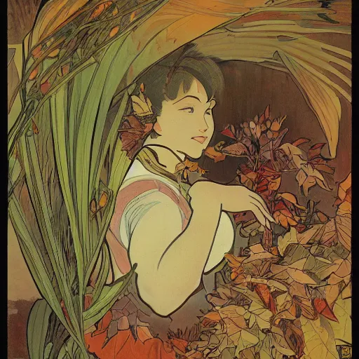 Image similar to a highly detailed portrait of cartoon tiger, sweating and flapping fan, autumn leaves on the ground, concise lines, ultradetailed environment, sharp focus, cinematic lighting, by alphonse maria mucha and kim jung gi