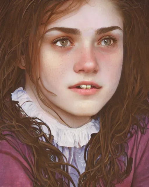 Image similar to close up portrait of 1 5 - year - old girl, smile with large front teeth, hermione granger, very bushy brown hair, and very bright brown eyes, wearing white shirt, hyper realistic face, beautiful eyes, close up, fantasy art, in the style of greg rutkowski, intricate, alphonse mucha, hyper detailed, smooth