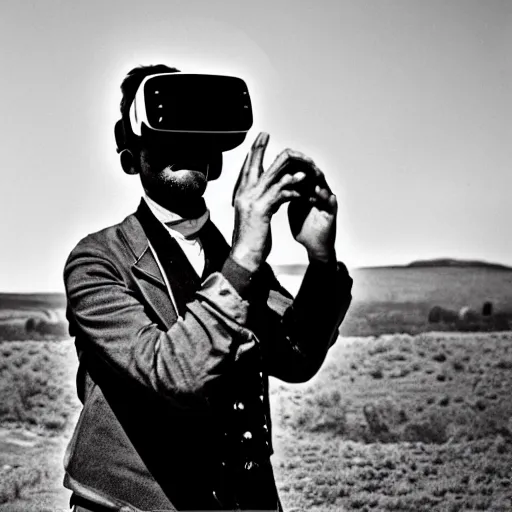 Prompt: an old historical black and white portrait photograph of a man wearing VR goggles in the wild west, during the gold rush, 19th century