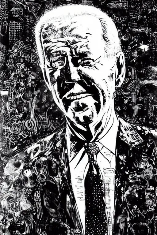 Prompt: Joe Biden full body shot, Body horror, biopunk, by Ralph Steadman, Francis Bacon, Hunter S Thompson