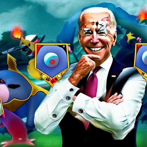 Prompt: joe biden as a pokemon trainer, he has legendary pokemon, cinematic, award winning composite photography