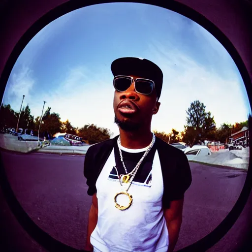 Prompt: fisheye lens photo of a 9 0 s rapper,