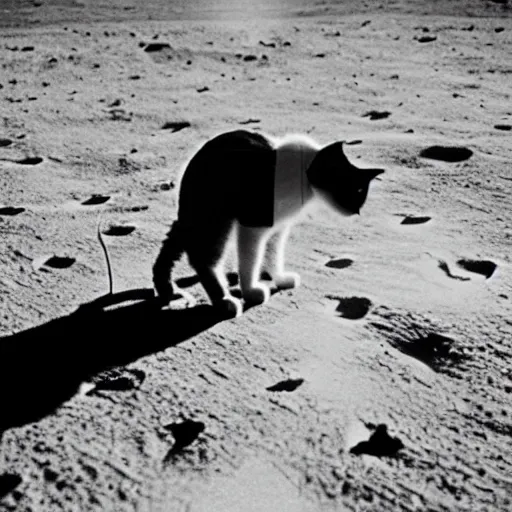 Prompt: A photo of a cat's first step on the Moon, 1969, old camera