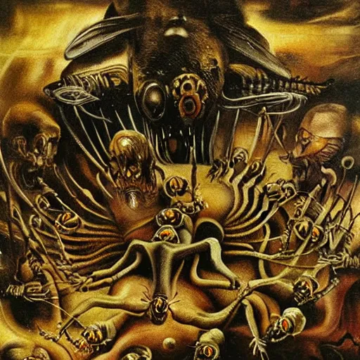 Prompt: bumblebees attacking sleeping people in hell, art by bosch, dali, giger, highly detailed, masterpiece