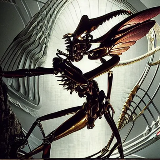 Image similar to still frame from Prometheus movie by Makoto Aida, flying biomechanical angel gynoid by giger, mimicking devil's flower mantis, metal couture by neri oxmn and Guo pei, flying angel editorial by Malczewski and by Caravaggio