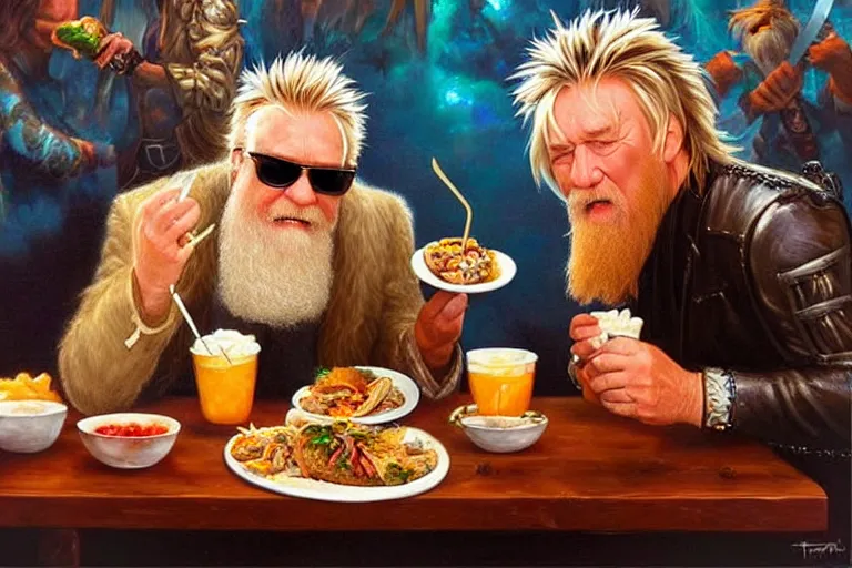 Image similar to rod stewart eating tacos with zz top, an oil painting by ross tran and thomas kincade