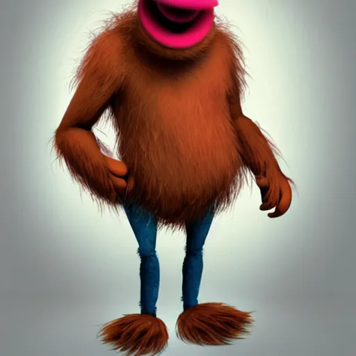 Image similar to a still of a forgotten muppet character looking very manly and modern, hilarious, laughing, hairy chest, huge chin, manly monster tough guy, roughled fur, photo real, photographic, photograph, artstation, trending, featured