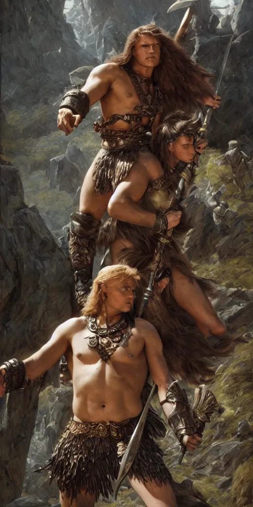 Image similar to kirk douglas as a barbarian, with a beautiful fantasy maiden, dungeons and dragons, masterpiece by edgar maxence and ross tran and michael whelan, gustav dore, 8 k, octane render