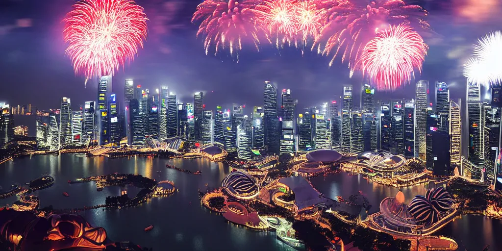 Prompt: Singapore city with a lion-shaped!!!!! cloud in the sky and fireworks in the sky, by Makato Shinkai, red and white lighting, digital art, ultra realistic, ultra detailed, photorealistic, 4k, character concept