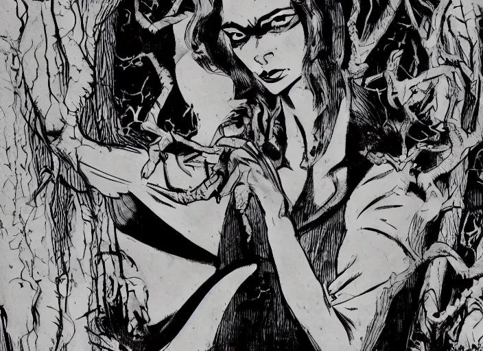 Image similar to 1940's Ghost Woman in the woods, detailed, comic book texture, bats, 4k symmetrical portrait, Ashley wood, Mike Mignola, trending on artstation, Norman Saunders