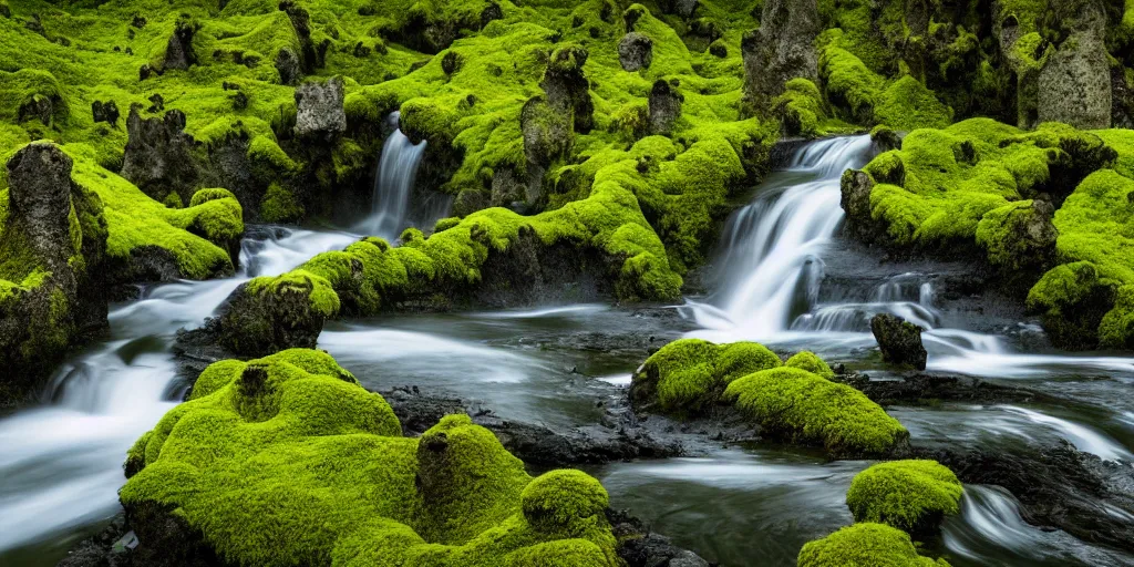 Image similar to photo of a landscape with lush forest, wallpaper, very very wide shot, iceland, new zeeland, green flush moss, national geographic, award landscape photography, professional landscape photography, waterfall, stream of water, hanging flowers, big sharp rock, ancient forest, primordial, sunny, day time, beautiful